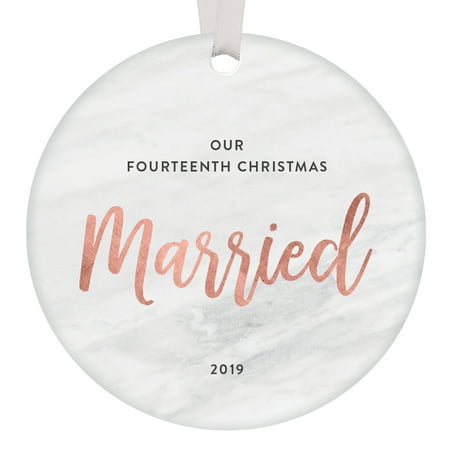 Gift Ideas Married Couple 14th Anniversary Christmas Ornament 2019 Husband Wife Keepsake Presents Our Fourteenth Holiday Married Couple Mr & Mrs Him Her Gift Ideas Modern Rose Gold Marble 3