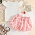 thumbnail image 4 of KPOPLK Toddler Girls Clothes Summer Outfits Ruffle Sleeve Waffle Knit Tops Cute Strawberry Print Elastic Waist Shorts with Pockets 1t 2t 3t 4t 5t(18-24 Months,White), 4 of 8