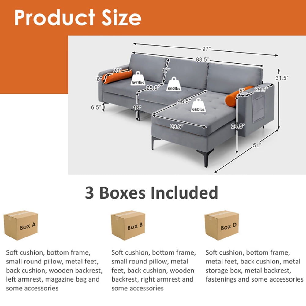 Finihen L-shaped Sectional Sofa Couch, Modular L-shaped 3-Seat Sectional Sofa with Reversible Chaise and 2 USB Ports, for Living Room, Light Gray Finihen L-shaped Sectional Sofa Couch, Modular L-shaped 3-Seat Sectional Sofa with Reversible Chaise and 2 USB Ports, for Living Room, Light Gray