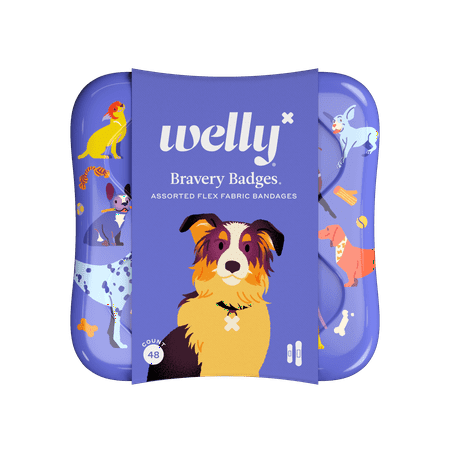 (2 Pack) Welly Flex Fabric Bandages, Dog Pattern Bravery Badges for Kids, Assorted Sizes, 48 Count