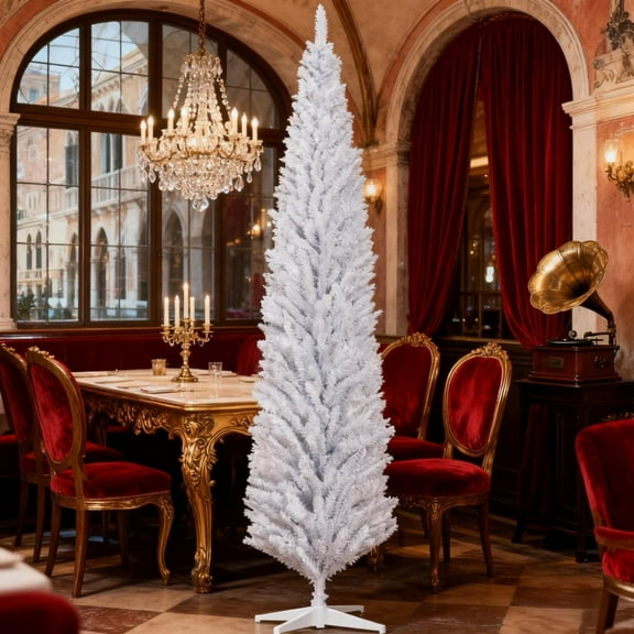 Christmas Tree,8ft Pencil Artificial Christmas Tree with Realistic Branches and 618 Tips, Plastic Base