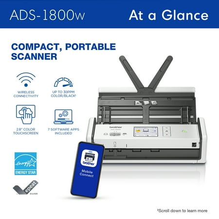 Brother - ADS-1800W Compact Wireless Duplex Desktop Scanner with Single Pass Double-Sided Scanning - White