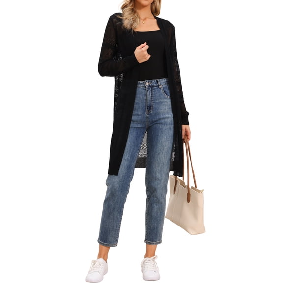 INSPIRE CHIC Lightweight Crochet Longer Length Cardigan for Women's Casual Open Front Summer Beach Coverups XS Black