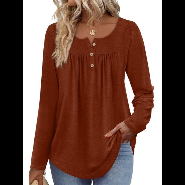 Camisas de Larga para Mujer, Conjuntos de Otoño, Cuello Redondo, Túnicas Casuales, Blusas de Moda, Ropa de Moda. Marrón Oscuro L