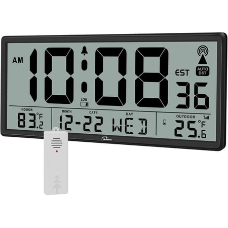 Atomic Clock with Indoor Outdoor Temperature - Easy to Read - Self Setting, 14.5'' Jumbo Auto Set Digital Wall Clock Battery Operated