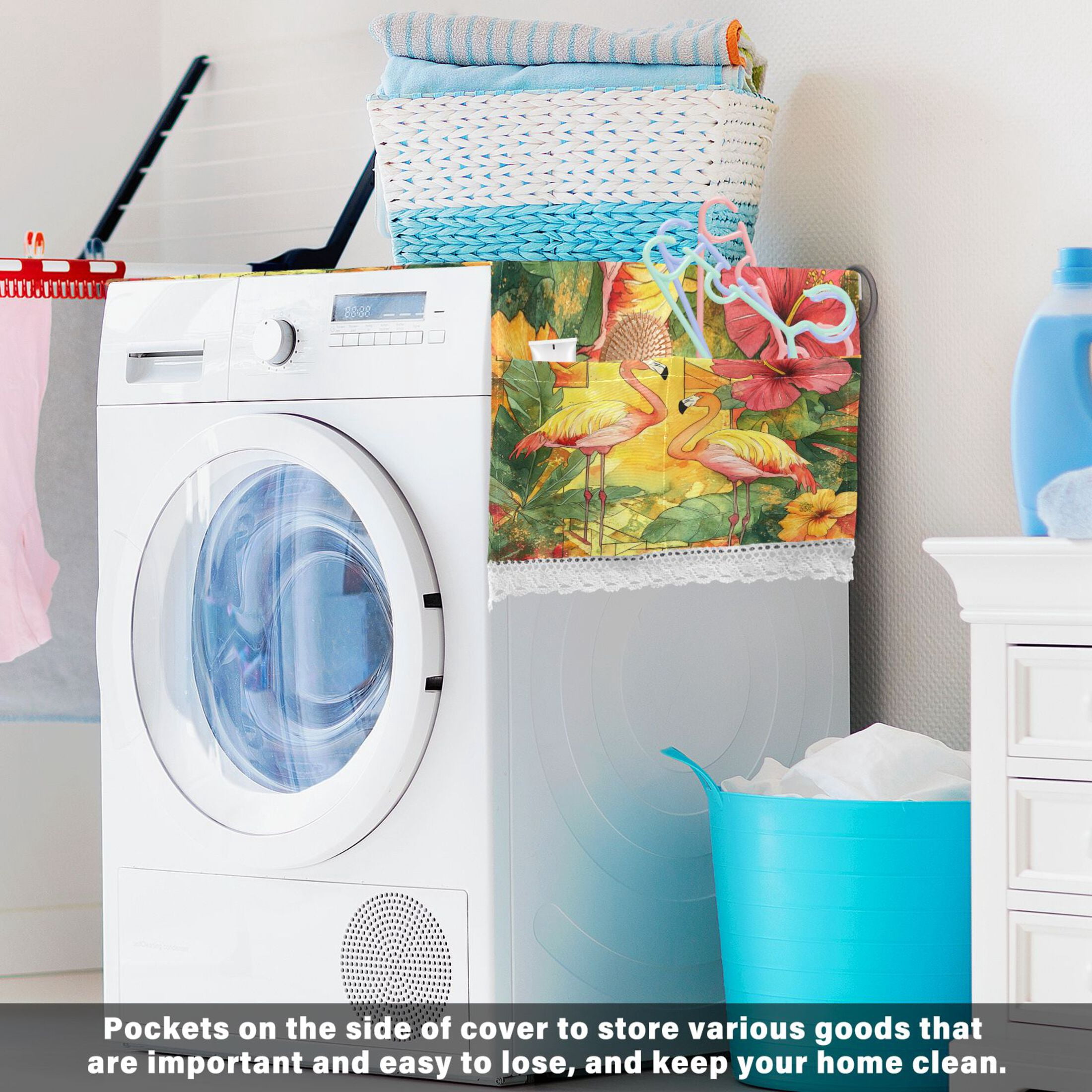 Washing Machine Cover 51.2x22in, Durable Polyester Dust Cover with Lace Trim and Side Pocket for Appliances Watercolor Flamingo