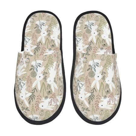 Balery Retro Bunny Flower Slient Indoor Furry Fleece Comfort House Shoes Soft Non-Slip Home Shoes Cotton slippers House Slippers-- Medium