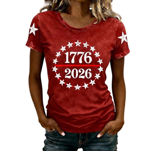 Wxolcjlv Women's 250 Years 1776-2026 250th Birthday T-Shirt Star Circle Graphic 4th of July T Shirt Short Sleeve Patriotic Tee