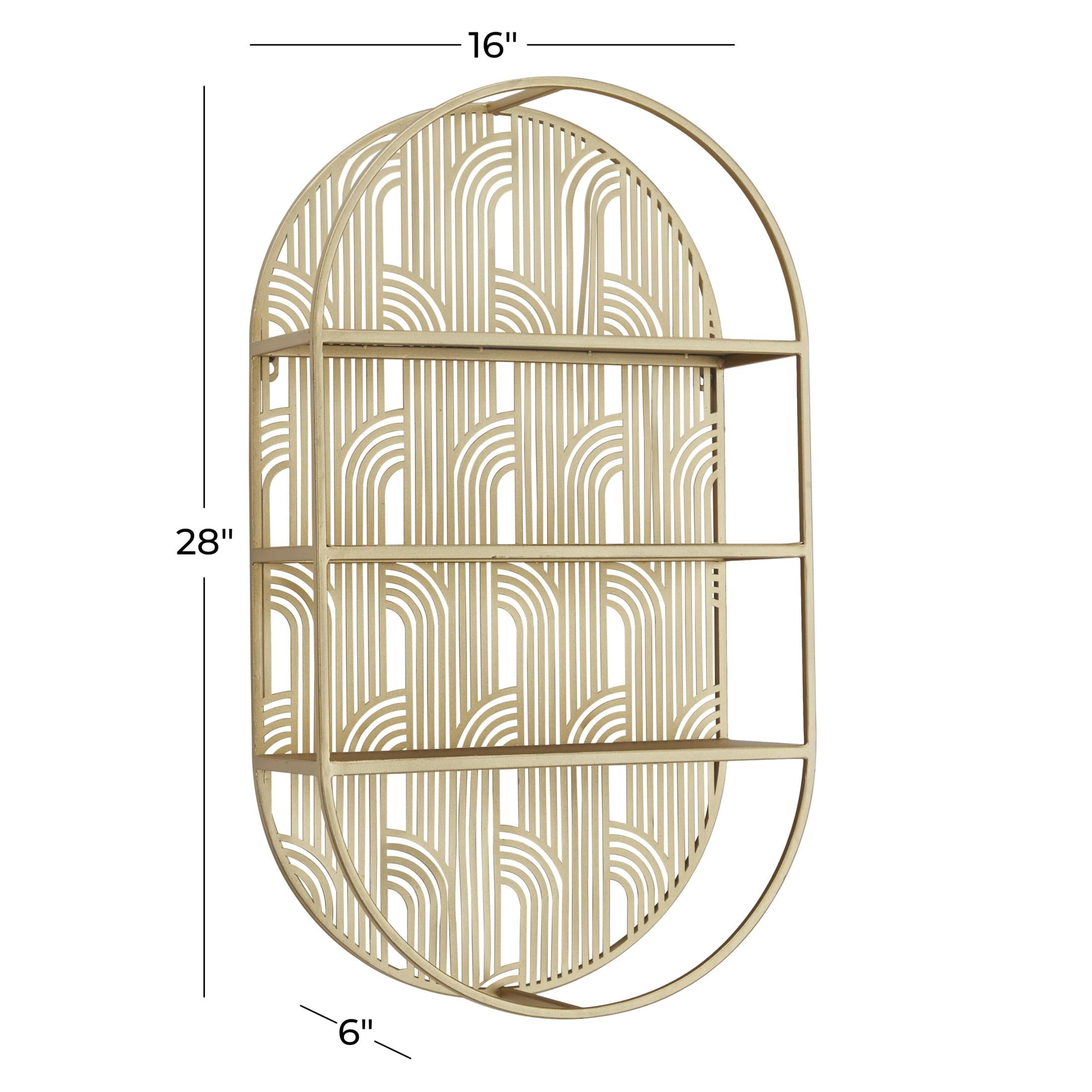 CosmoLiving by Cosmopolitan Glam Metal 3 Tier Oval Wall Shelf with Curved Line Pattern and Gold Polished Finish, 16"W x 28"H