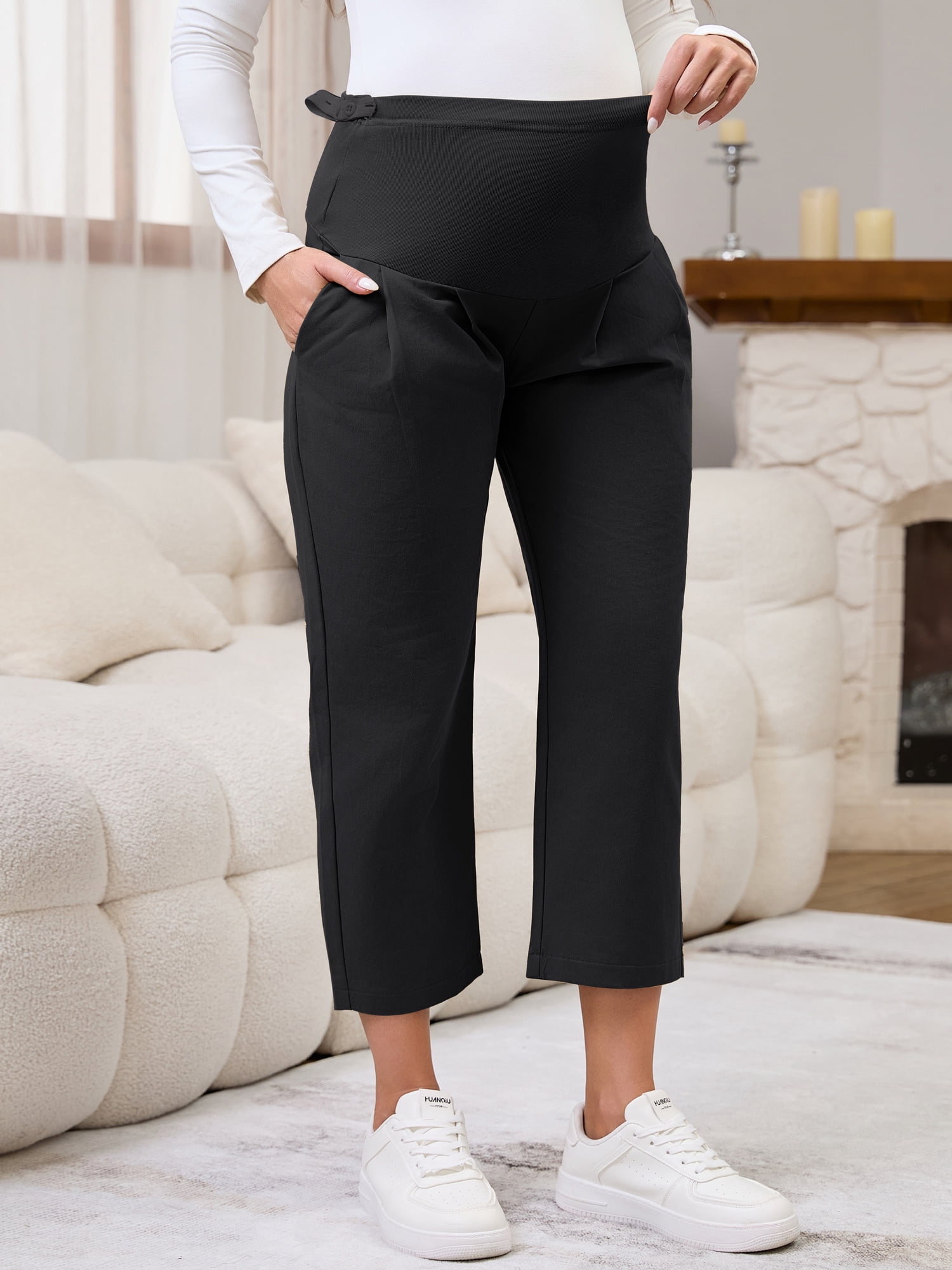 DARING DIVA Women's Maternity Cropped Pants High Waist Over Belly Trousers XL Black