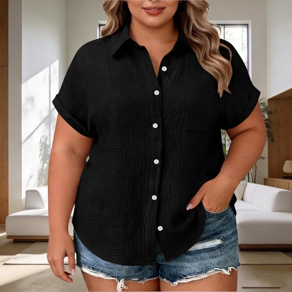 Tdoqot Womens Plus Size Button Down Shirts- Short Sleeve Loose Fit Lapel Casual Summer Tops Blouse Black Size L-4XL