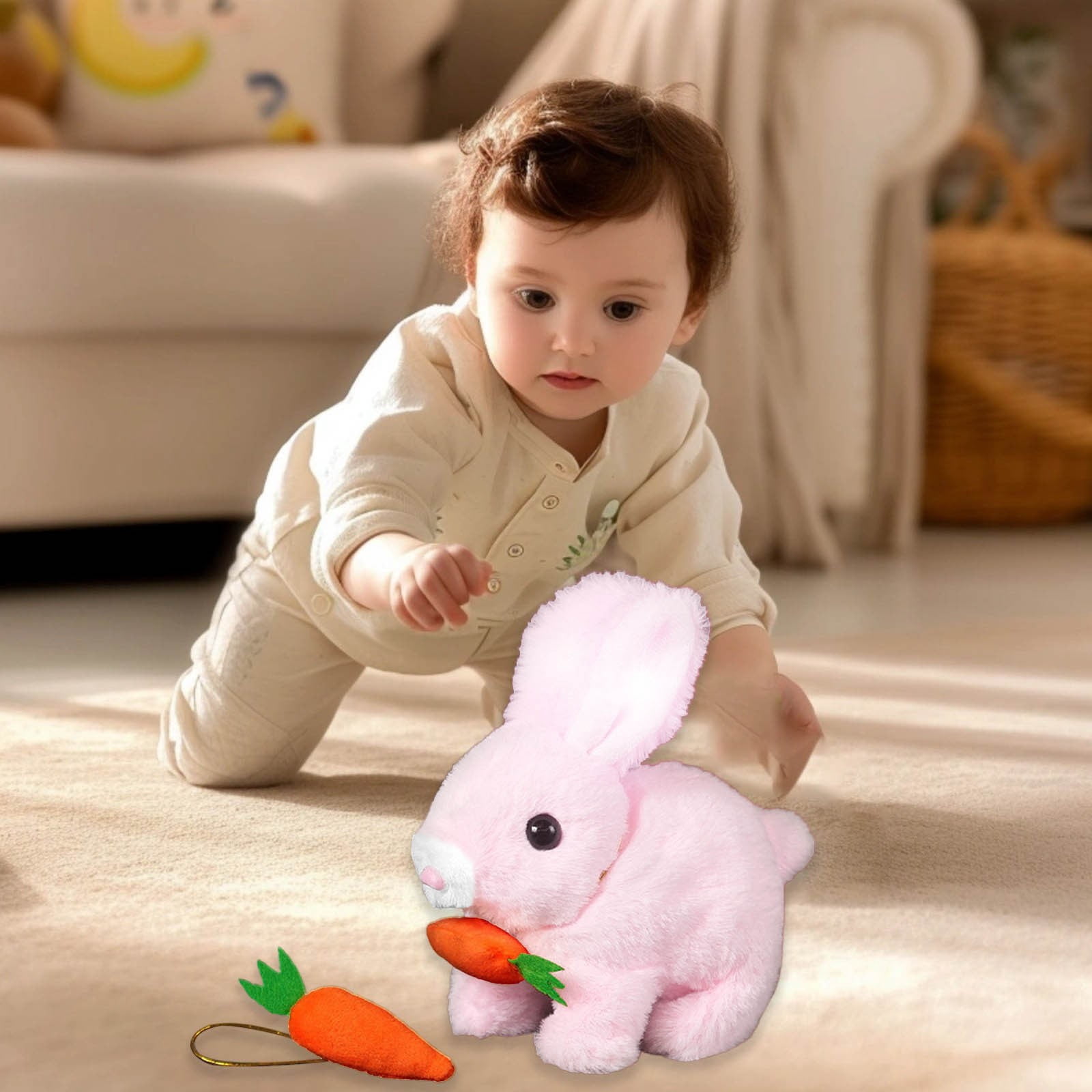 Realistic Rabbit Plush Toy Handmade Easter Bunny with Jumping Twitching Moving Ears, Lifelike Animal Stuffed Rabbit for Easter Basket Stuffers Spring Decor Home Decorations