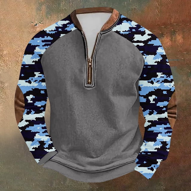 Blusas y camisas de manga larga con cuello redondo para hombre, sudadera con capucha de cuello redondo con cremallera y estampado, sudadera de manga larga, blusa de poliéster para hombre