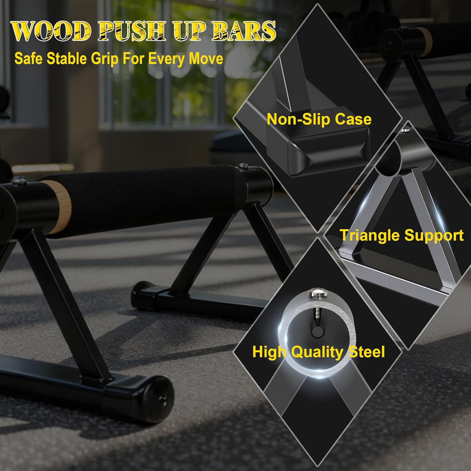Wooden Parallettes Bars, 600 lbs Heavy Duty Calisthenics Push Up Stands with Anti-Slip Grip, Solid Wood Handstand Bars with Metal Brackets for Home Gym, Floor Workouts & Strength Training