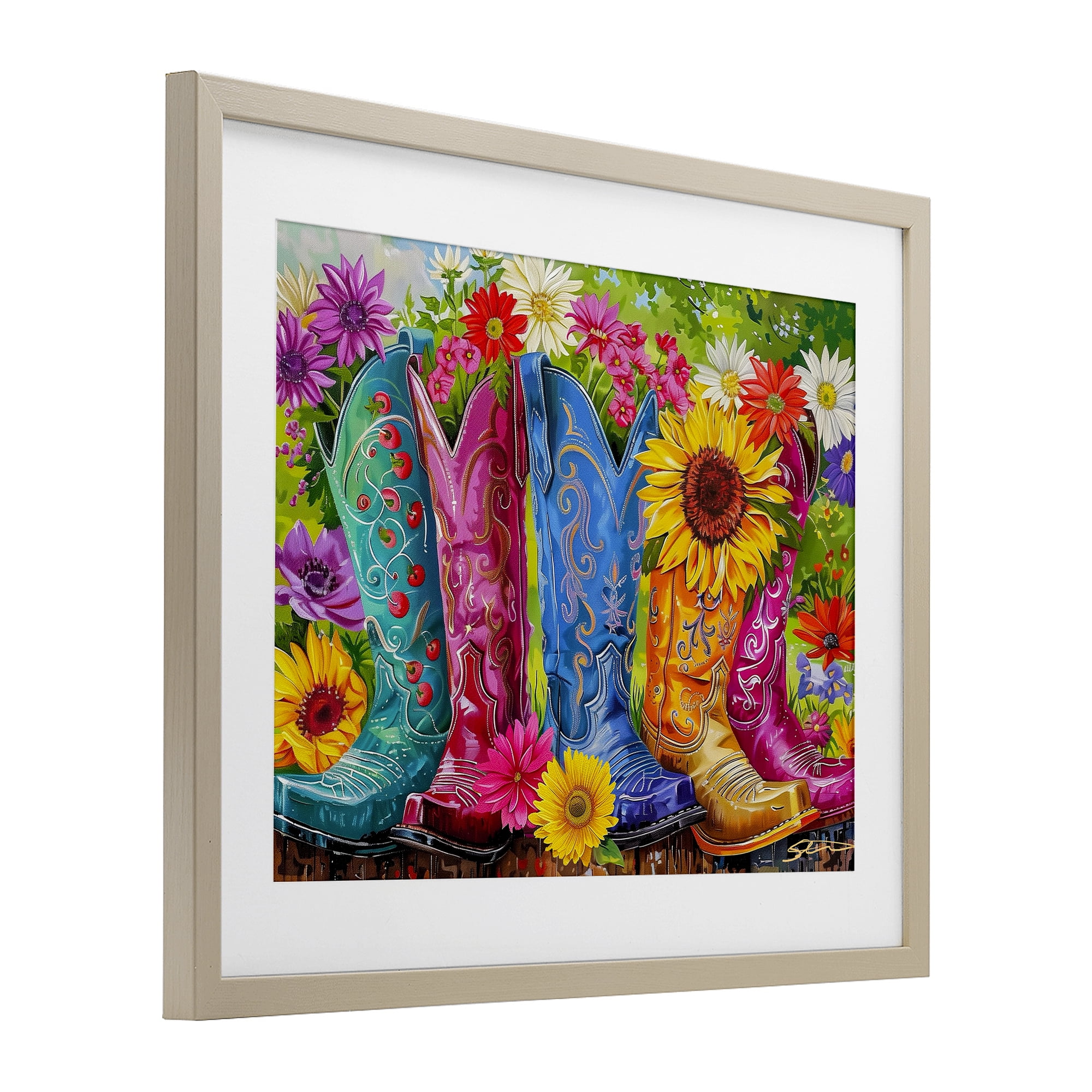 Cowboy Boots and Sunflowers Birch Framed Print Under Glass, design by Shawna Stewart