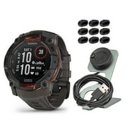 Garmin Instinct 3 50mm Solar GPS Smartwatch with Built-In Flashlight (Black with Charcoal Band) Bundle with Focus Camera Portable Charger Stand and Focus Charger Port Protectors (9-Pack) (3 Items)