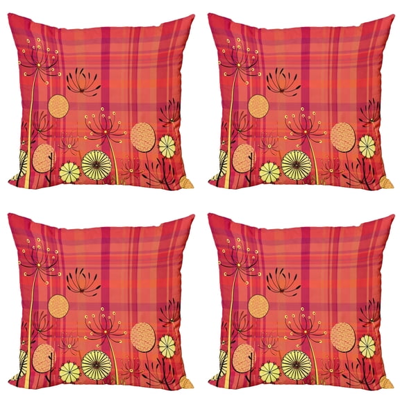 Ambesonne Floral Throw Pillow Cover 4 Pack, Umbellifer Flower Tartan, 24", Yellow Dark Coral