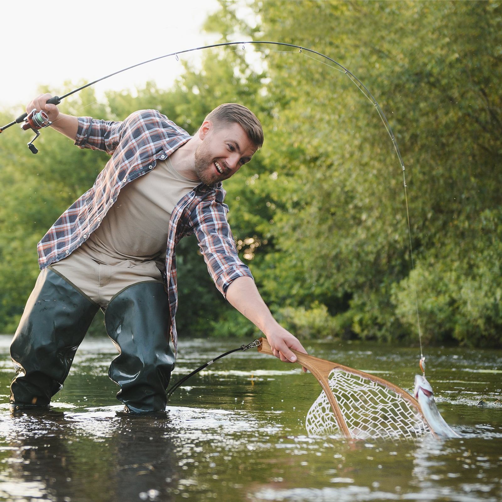 Fly Fishing Landing Net - Elm White Silicone Mesh, Curved Wooden Handle, Soft Rubber-Coated Net, Lightweight & Portable, Safe Catch & Release, For Trout, Bass, Freshwater & Saltwater
