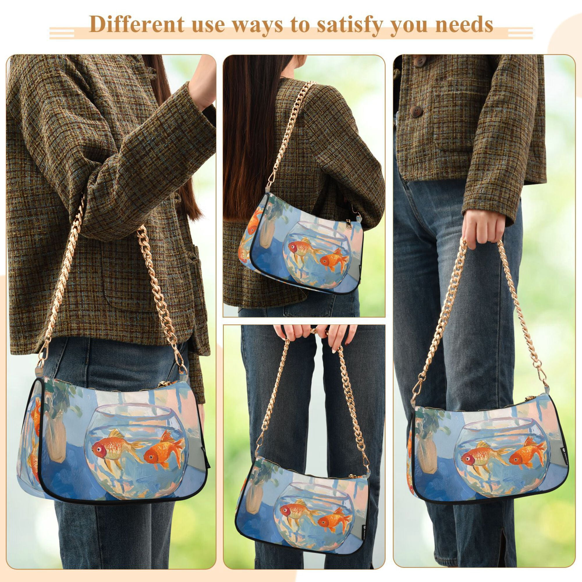 FORMRS Womens Shoulder Bag with Chain Strap Clutch Purse Cute Tote Handbag, Blue Goldfish