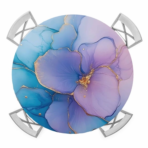 Blue Purple Pink Floral Marble Round Tablecloth for 55-60 Inch Tables,Fitted Table Cover with Elastic Edge,Contemporary Abstract Art Waterproof Outdoor Table Cloth Protector for Patio Garden Dinner