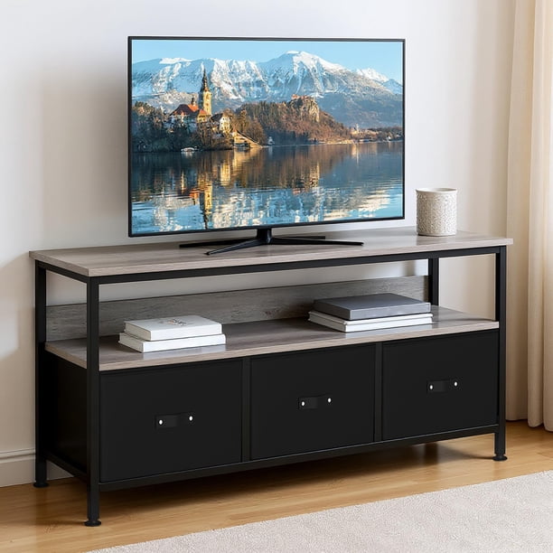 Yeshouse Soporte de TV con 3 cajones de tela, armario de TV de 55 pulgadas, soporte de TV de almacenamiento de sala de estar moderno, centro de entretenimiento con espacio abierto