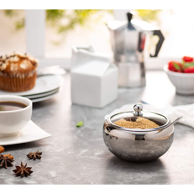 Grand Bol à Sucre, Acier Inoxydable avec Couvercle en Verre, Inclut une Cuillère en Acier Inoxydable, Contient 2 Tasses de Sucre, 16.9oz