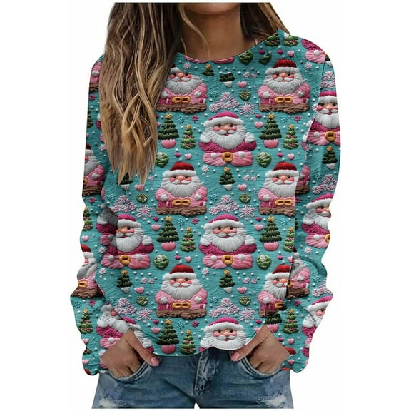 asdoklhq Christmas Sweaters for Women Christmas Printed Loose Casual Long Sleeve Round Neck Hoodless Straight Shoulder Sweater Multicolor L
