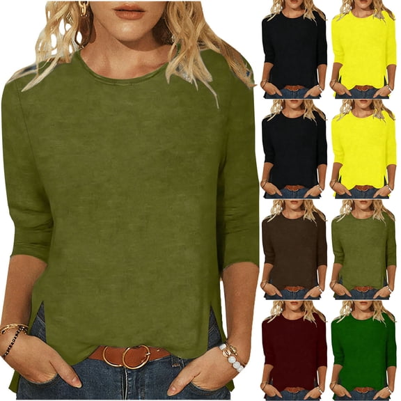 Bovxnpu 3/4 Sleeve Tee Shirts Summer Dressy Casual Blouse Crew Neck 3/4 Sleeve Pullover Shirt Loose Daily Summer Tops (Women's or Women's Plus)