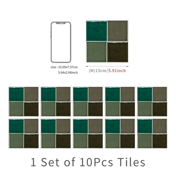 Zhuge European style ceramic tile green series thickened crystal film waterproof and anti fouling kitchen bathroom square self-adhesive wall sticker home decoration -10 pieces, F style