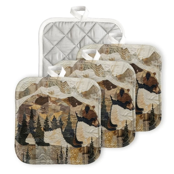 Bahomeck Pot Holder 4Pcs,Bear In The Mountains Background Square Heat Resistant Hot Pads For Kitchen Cooking Oven With Hanging Loop Potholder Easy To Store