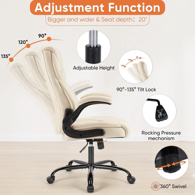 Kelno PU Leather Executive Office Chair with Flip Up Armrest Ergonomic Drafting Chair,White