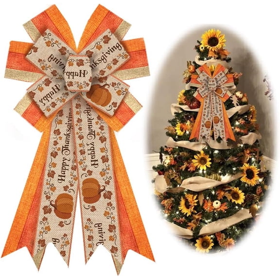 Hsomely Large Fall Bows for Wreath, Thanksgiving Pumpkin Orange Stripe Maple Leaf Burlap Bows for Front Door Indoor Outdoor Decor