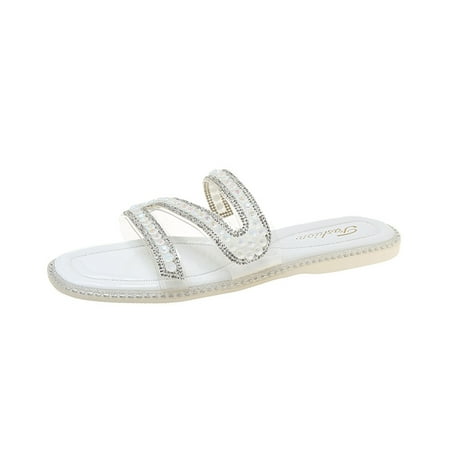 

Fashion Spring Summer Women Slippers Rhinestone Transparent Belt Soft Bottom Comfortable Flat Bottom Pu slipper for Women White