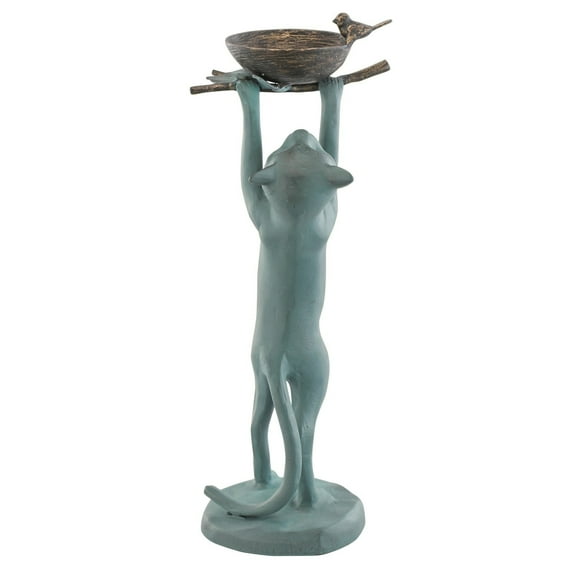Cat with Bird Nest Verdigris Green Metal Birdfeeder