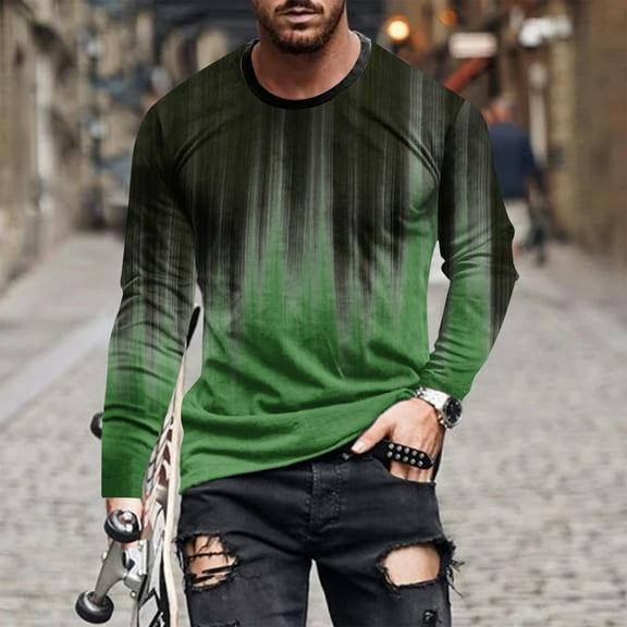 Plus Size T-Shirts for Men S-5X Big and Tall Casual Crewneck Long Sleeve Pullover Tops Basic Gradient Printed Regular Comfort Tshirts Shirts