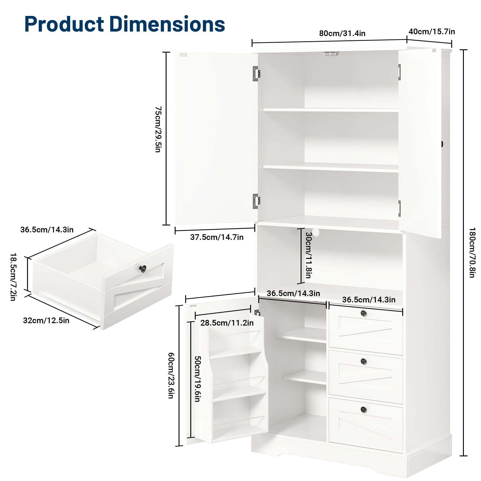 IDEALSOUL Pantry Storage Cabinet, White Kitchen Storage Cabinet with Doors and Shelves, 72”H Pastoral Style Wooden Pantry Cabinet for Kitchen, Living Room, Bathroom
