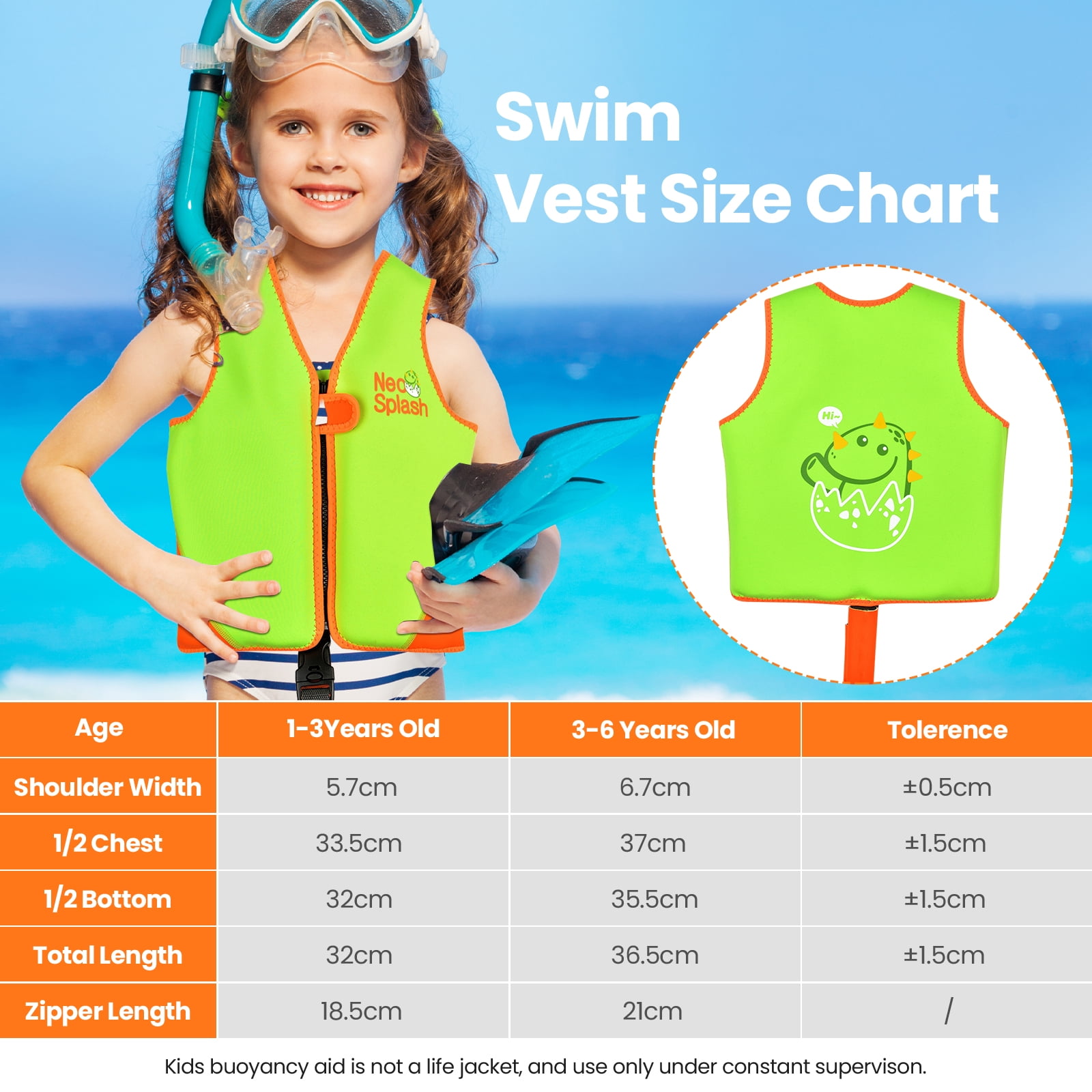 NEO-SPLASH Toddler Swim Vest, Neoprene Life Jacket for Kids Ages 1-3 (24.3-41.8 lbs), Green Dinosaur