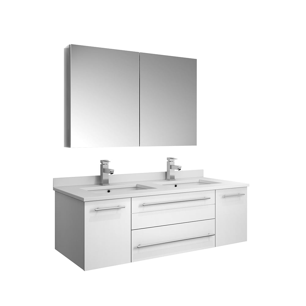 48" White Wall Hung Double Undermount Sink Bathroom Vanity w/ Medicine