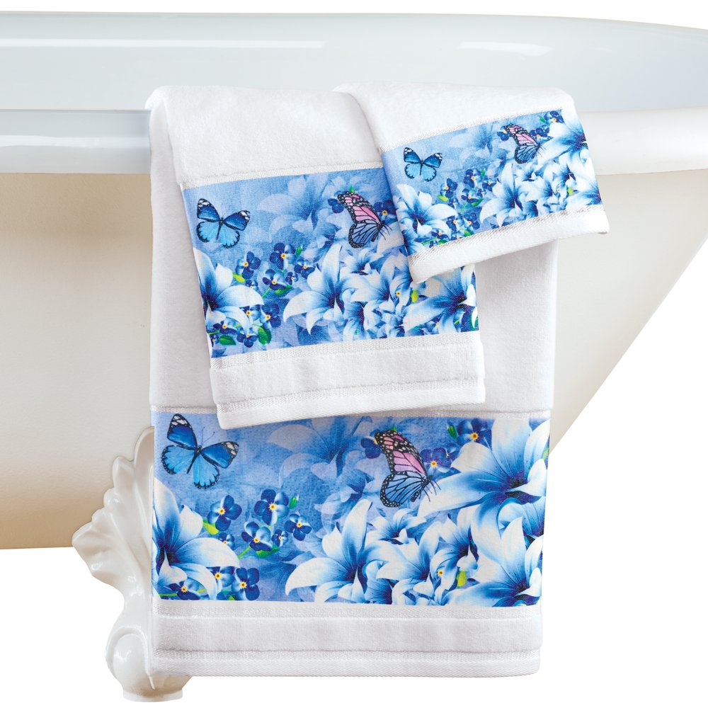Beautiful Blue Butterflies 3Piece White Tufted Towel Set