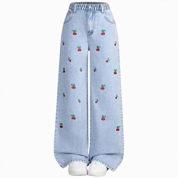 UAYOTSE Girls Wide Leg Washed Denim Jeans Elastic Back Waist All Over Fruit Embroidery Loose Baggy Trousers,Sizes 7-8 Years