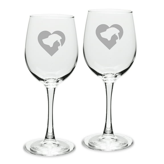 Cat Dog Heart Deep Etched White Wine Glass Set of 2