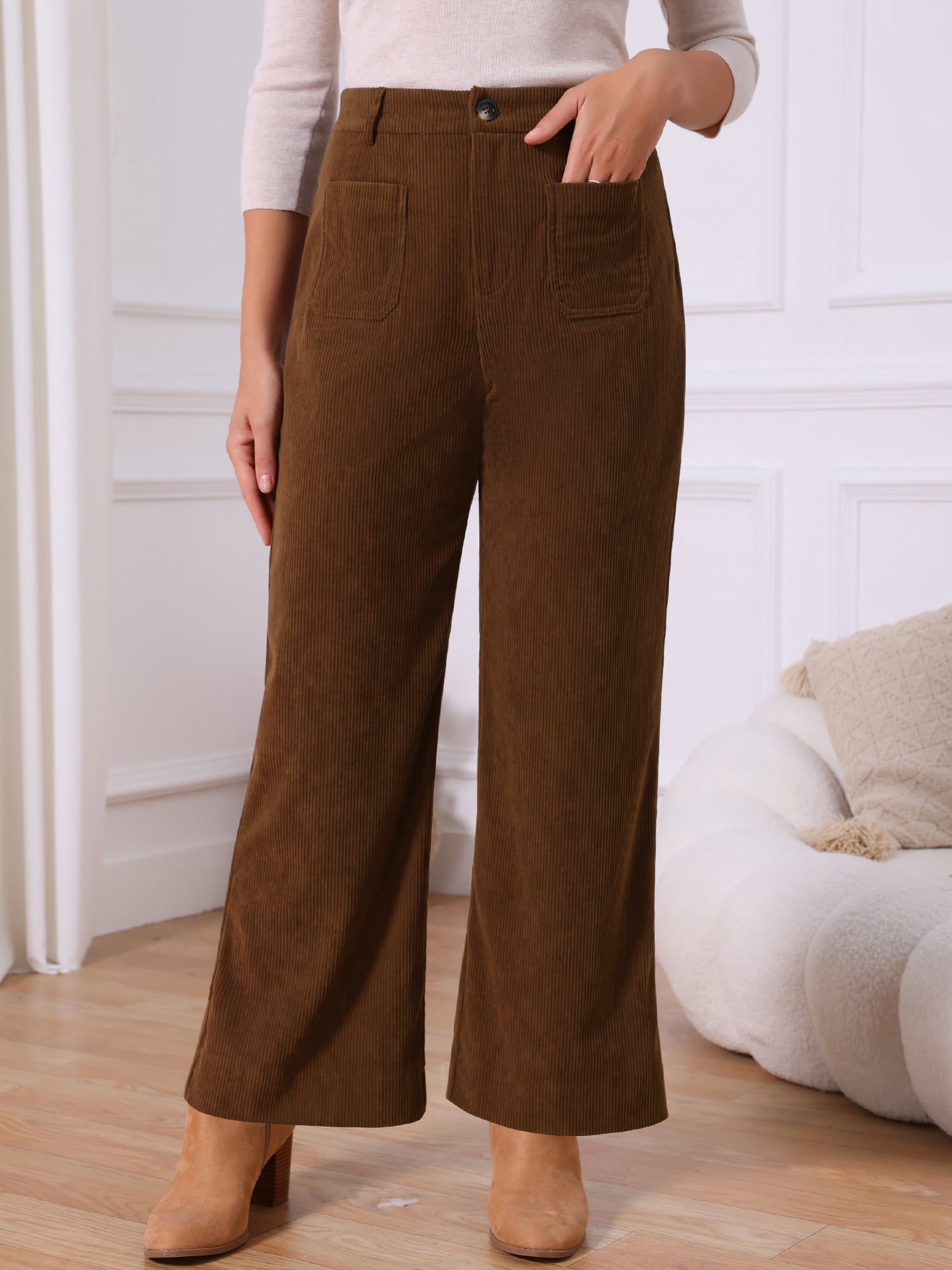 DARING DIVA Women's High Waisted Corduroy Wide Leg Pants with Pockets S Dark Brown