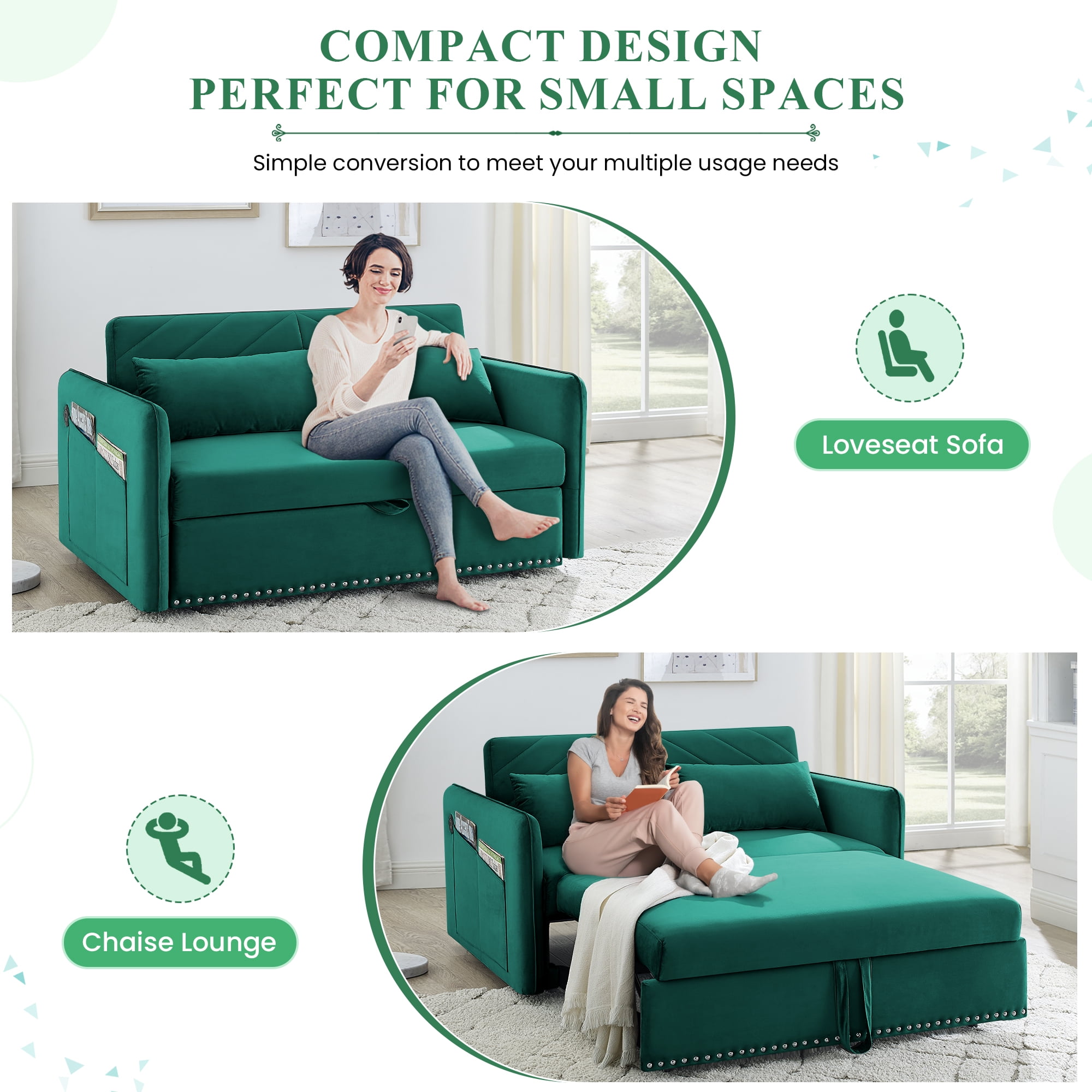 Dinosisco Convertible Sleeper Loveseat with USB, 55" Velvet Futon Sofa Bed, Green