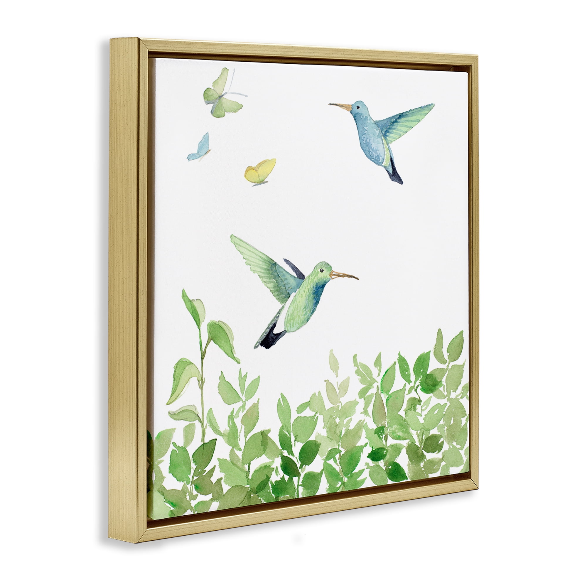 Stupell Industries Spring Hummingbirds Scene Animals & Insects Painting Gold Floater Framed Canvas Art Print Wall Art, 25 x 25