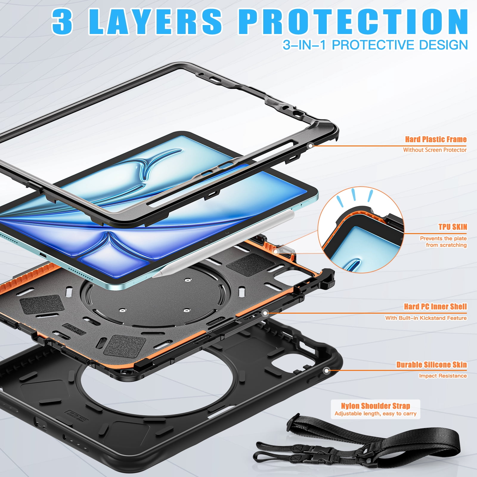 ELEHOLD Case for Apple iPad Air 11 (2024), Portable Hybrid Shockproof iPad Case with Pencil Holder & Hanging Ring Handle Rotatable Kickstand,Black
