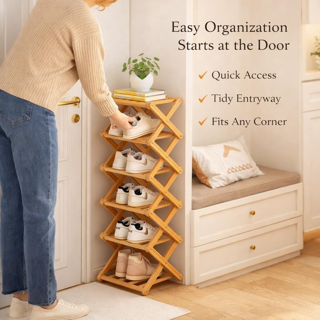 The 9-Tier No-Assembly Bamboo Rack, 2026 Upgraded Foldable 9 Tier Bamboo Corner Shoe Rack, Space-Saving Organizer for Shoes, No Assembly Narrow Shoe Shelf for Entryway Closet Dorm