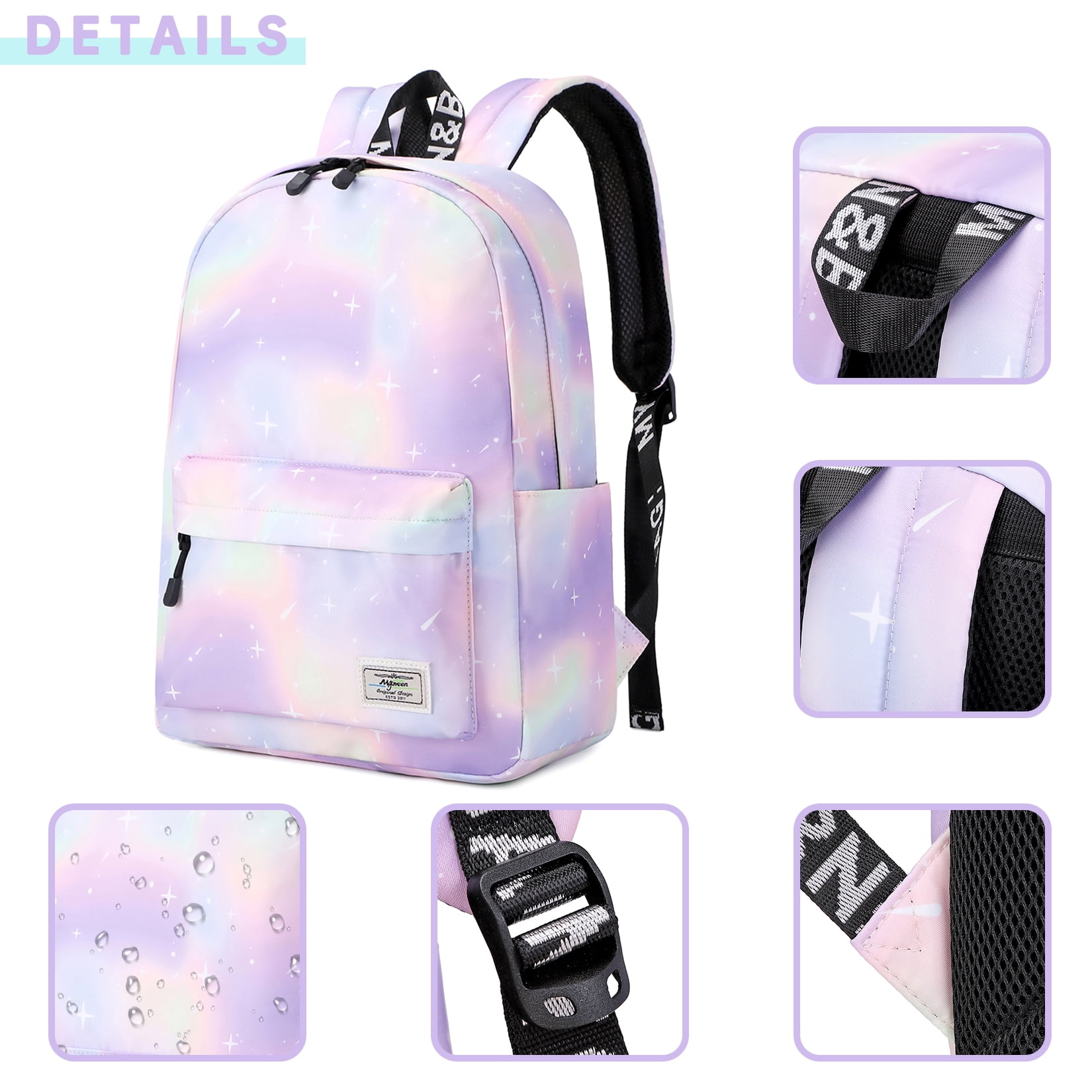 Mygreen Tie Dye Girls Backpack, Kid Backpacks for Girls Cute Lightweight Bookbag with Lunch Bag Galaxy Green Purple