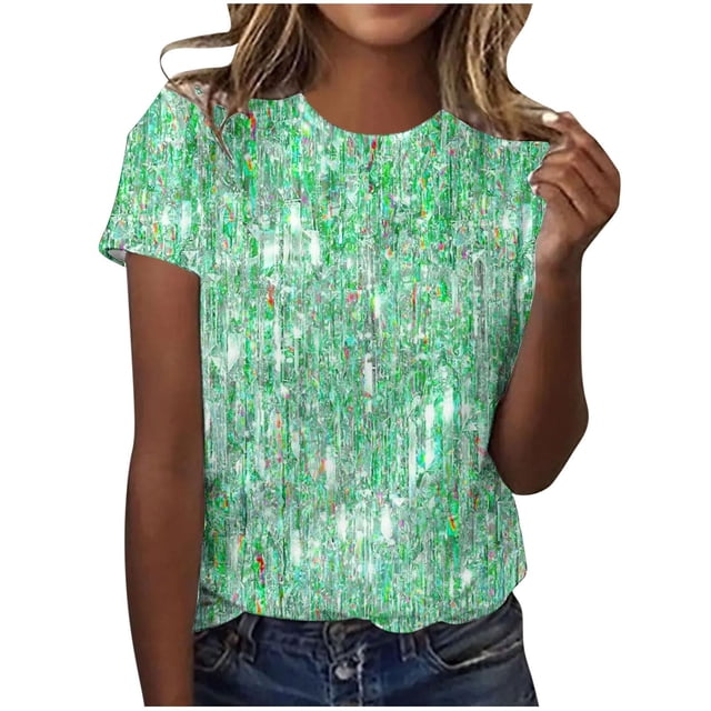 Liquidation! Uooqdmx Hauts Pailletés pour Femmes, Chemises à Manches Courtes pour Femmes, Hauts à Sequins pour Femmes, T-Shirt Décontracté à Col Rond Imprimé à Sequins, Chemises d'Été pour Femmes, Vert L