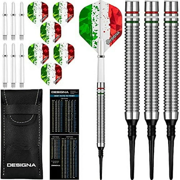 Designa 20g 90% Tungsten, Italy Italian Flag Red White & Green Patriot X Soft Tip Dart Set, Flights & Shafts Included (2 Sets Each), w/Travel Case, 20 Grams