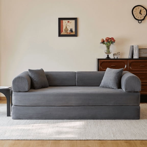 78.8" Corduroy Compression Floor Sofa Bed, Convertible Boneless Modular Sectional Futon Loveseat with Pillow Backrest & Armrest, Sleeper Couch for Living Room Bedroom,Grey